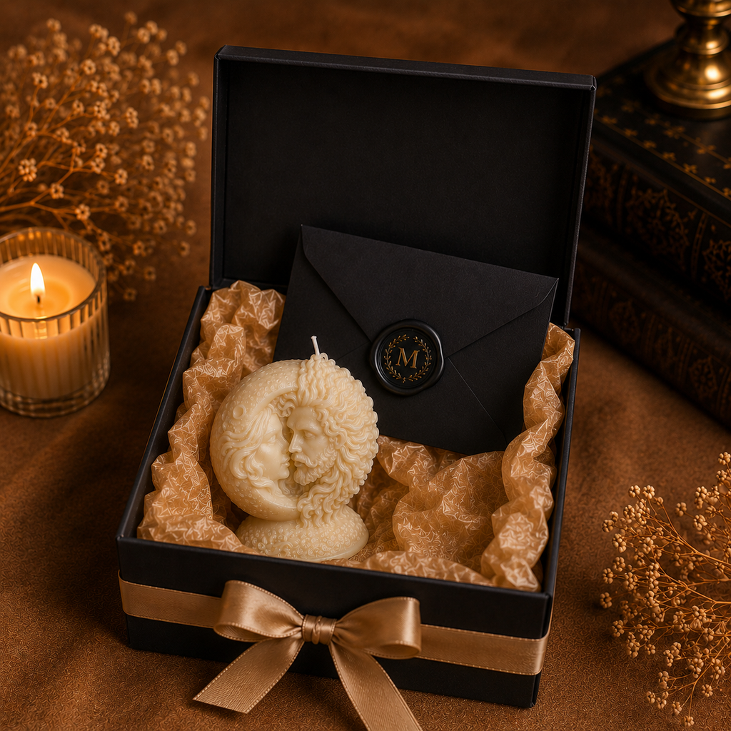 Reunion luxury sculptural candle by My Melodys Candles presented in a premium gift box with elegant ribbon packaging