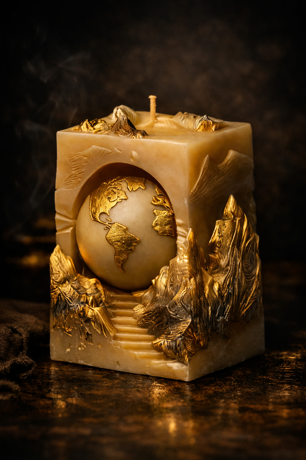 Close-up of The Gilded Earth handmade luxury candle featuring gold mountain details and a world sphere centrepiece