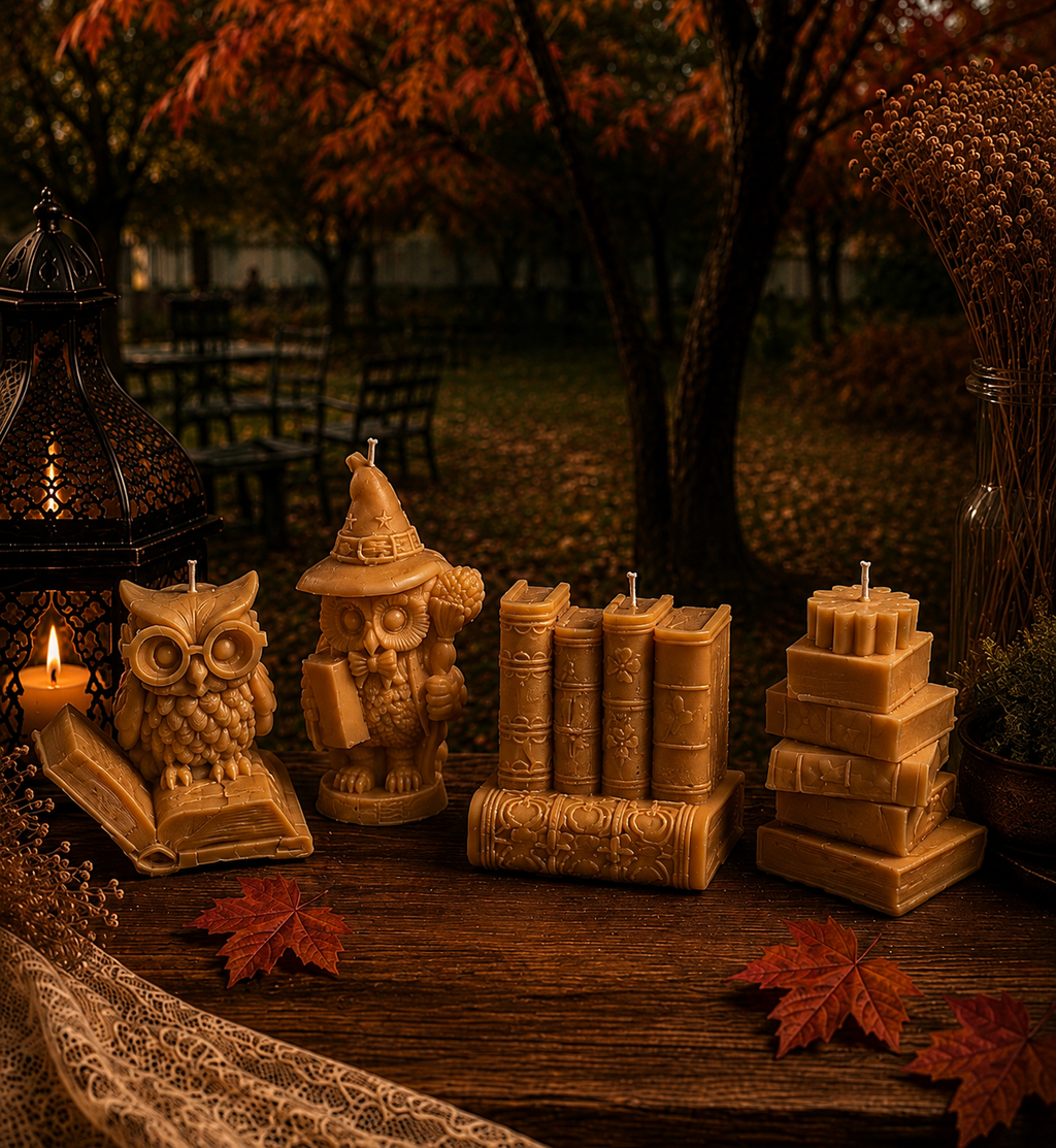 Storybook Collection handcrafted sculptural candle set by My Melodys Candles featuring owl, wizard, books and enchanted home décor
