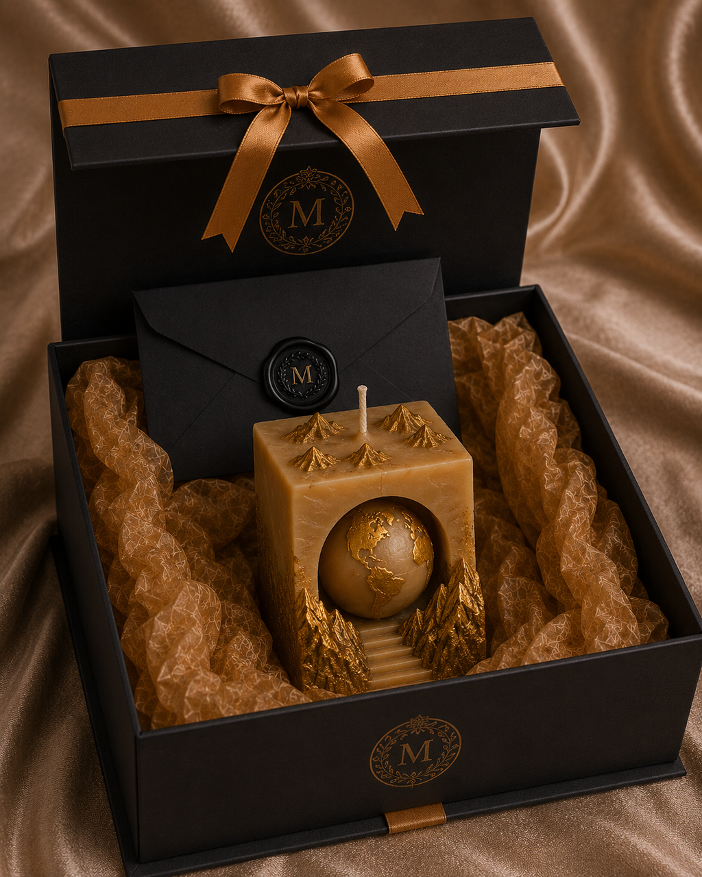 The Gilded Earth luxury sculptural candle in premium black gift box with signature My Melodys Candles branding