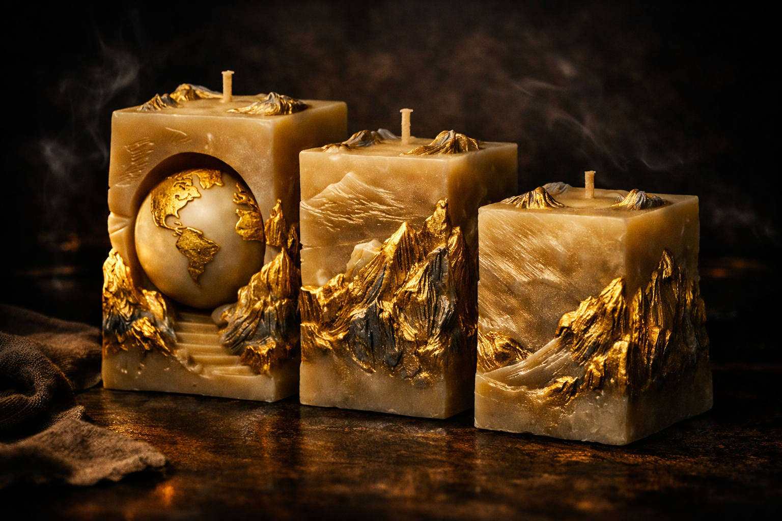 Three handcrafted The Gilded Earth soy and beeswax sculptural candles with gold mountain design on a dark background