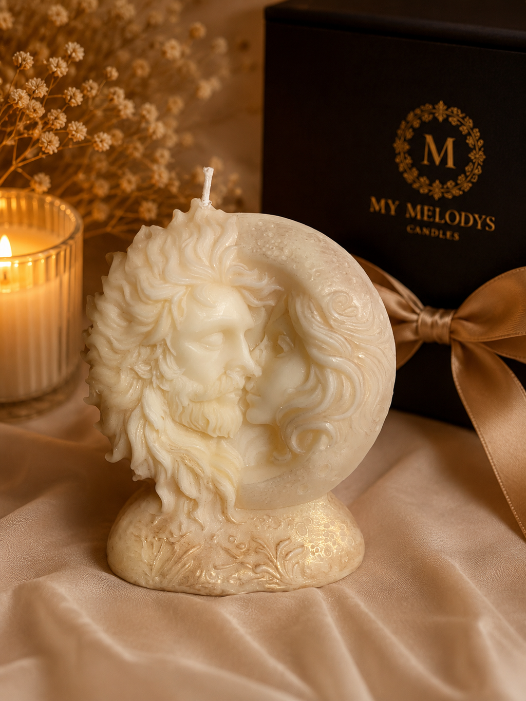 Reunion handcrafted soy and beeswax sculptural candle with ivory finish and gold shimmer by My Melodys Candles