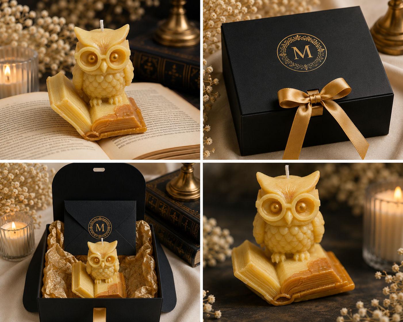 The Scholar Owl handcrafted sculptural candle by My Melodys Candles showcased with premium gift packaging and elegant lifestyle scenes