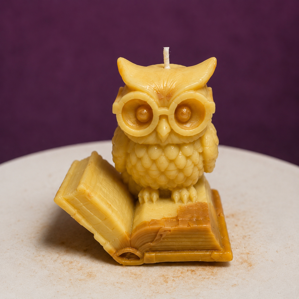 The Scholar Owl decorative owl-shaped sculptural candle on a book base by My Melodys Candles