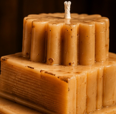 The Storykeeper luxury soy and beeswax candle with stacked book design and candle wicks by My Melodys Candles