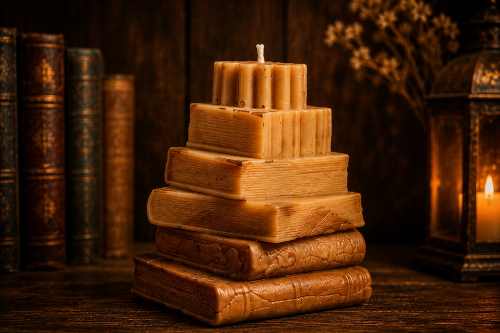 The Storykeeper handcrafted sculptural candle shaped as stacked books by My Melodys Candles displayed in a cozy library setting