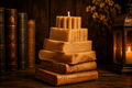The Storykeeper handcrafted sculptural candle shaped as stacked books by My Melodys Candles displayed in a cozy library setting