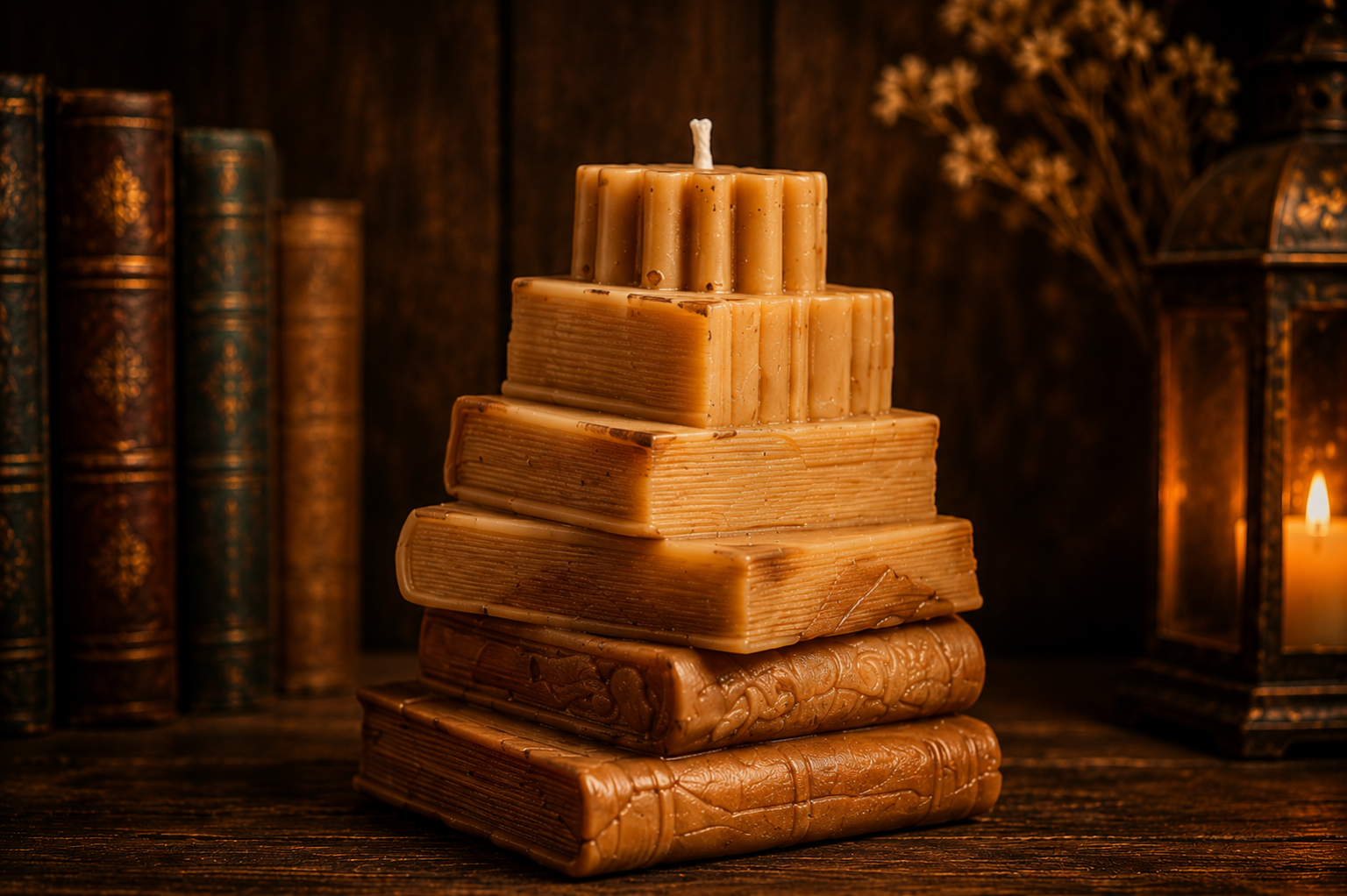 The Storykeeper handcrafted sculptural candle shaped as stacked books by My Melodys Candles displayed in a cozy library setting