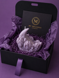 Lunaria Bloom handcrafted sculptural candle by My Melodys Candles presented in a premium black gift box with purple wrapping