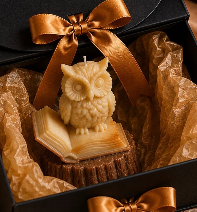 The Archivist's Perch handcrafted soy and beeswax sculptural candle displayed inside an elegant gift box